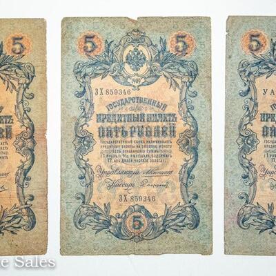 3 - 1909 RUSSIAN - 5 RUBLE NOTES