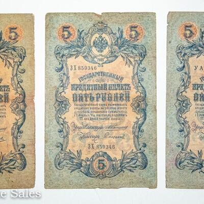 3 - 1909 RUSSIAN - 5 RUBLE NOTES