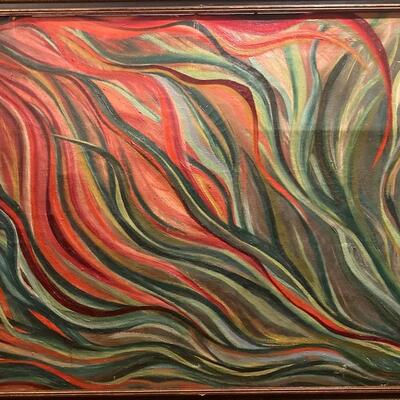 Large mid-century abstract painting with dramatic multicolored wave pattern