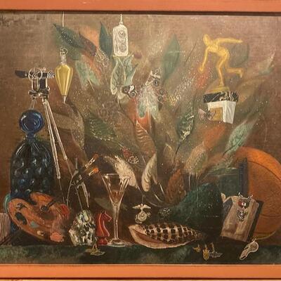 Large and extraordinary mid-century dystopian still life painting on board