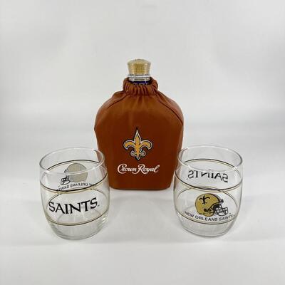 CROWN ROYAL ~ Saints Crown Royal Bottle Cover & Two (2) Saints Bar Glasses