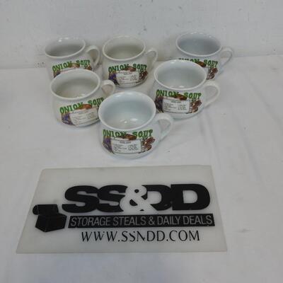 6 Onion Soup Large Mugs, White with Cooking Recipe Design, Basket