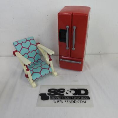 Small Doll Sized Red Refrigerator and Small Doll Chair, Fits an 18inch Tall Doll