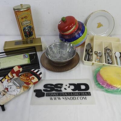 15+ Kitchen Lot: Silverware Tray, Rainbow Ceramic Cookie Jar, Plates and Cups