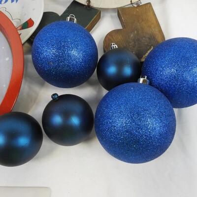Christmas DÃ©cor: Blue Ornaments, Snowman Plates and Door Hang, Light Strands