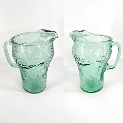 COCA-COLA ~ Vintage 64oz Green Pebble Glass Lipped Pitcher & Drinking Glass
