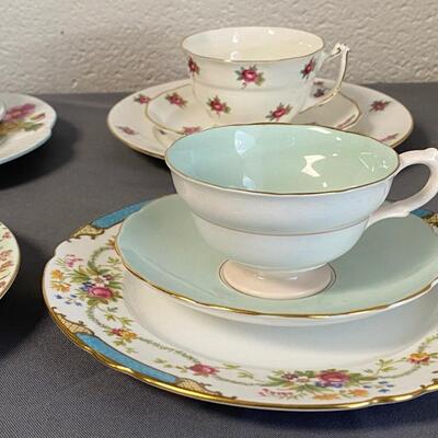 Set of 4 Cups, Saucers & Plates, Old Royal Bone China, Grosvenor China, & Shelley China,