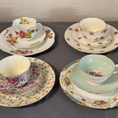 Set of 4 Cups, Saucers & Plates, Old Royal Bone China, Grosvenor China, & Shelley China,