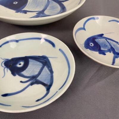 Chinese Cobalt Blue Koi Decorated Bowls
