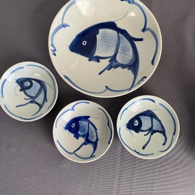 Chinese Cobalt Blue Koi Decorated Bowls