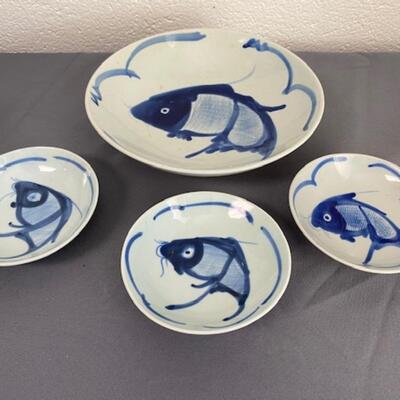 Chinese Cobalt Blue Koi Decorated Bowls