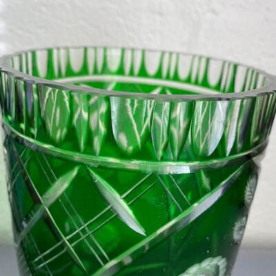 Emerald Green Cut to Clear Glass Vase