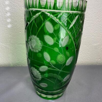 Emerald Green Cut to Clear Glass Vase