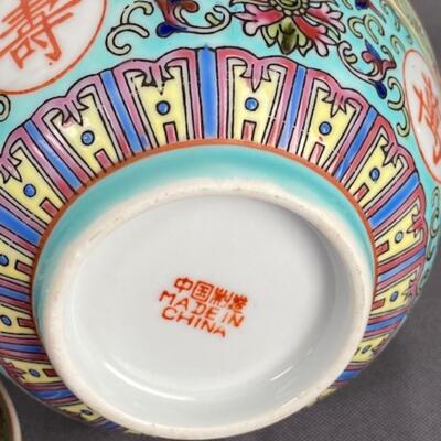 Chinese teapot, cups, bowls, spoons