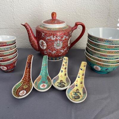 Chinese teapot, cups, bowls, spoons