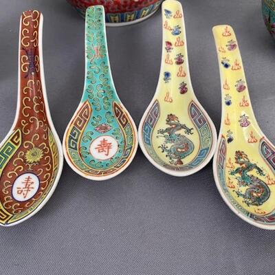 Chinese teapot, cups, bowls, spoons