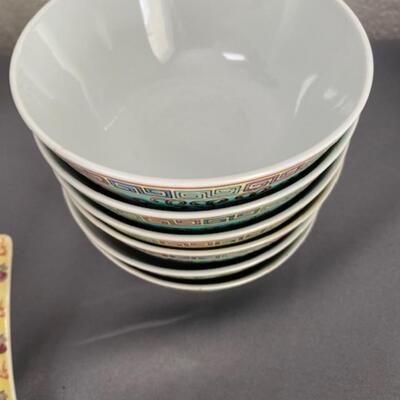 Chinese teapot, cups, bowls, spoons