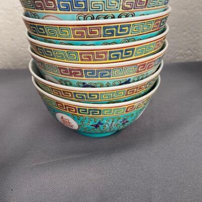 Chinese teapot, cups, bowls, spoons