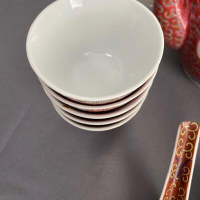 Chinese teapot, cups, bowls, spoons