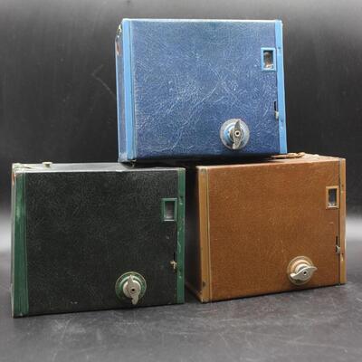 Antique Collectible Lot of Green, Brown, & Blue Kodak No. 2A Brownie Box Cameras