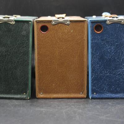 Antique Collectible Lot of Green, Brown, & Blue Kodak No. 2A Brownie Box Cameras