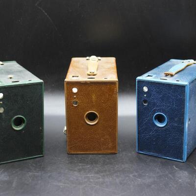 Antique Collectible Lot of Green, Brown, & Blue Kodak No. 2A Brownie Box Cameras