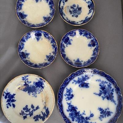 Lot of 6 Antique Flow Blue China