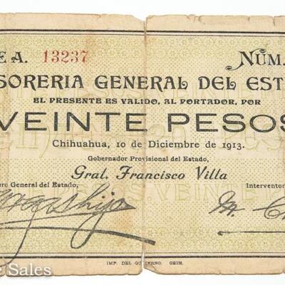 8 - MIXED BANK NOTE LOT - INCLUDING a 1913 TESORERIA GENERAL DEL ESTADO VEINTE PESO NOTE