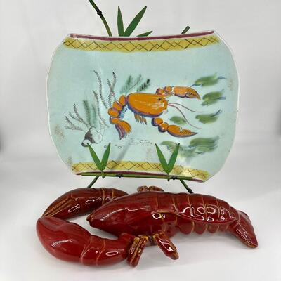 Painted Crawfish Stoneware Plate & Ceramic Crawfish