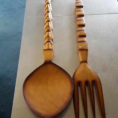Carved Wooden Spoon & Fork Wall Decoration Tiki Large Vintage Mid-Century 41