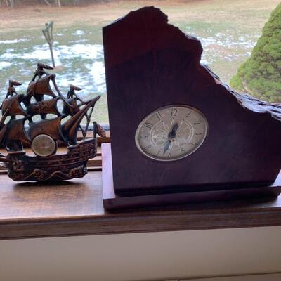 Vintage Live Edge Clock & Metal Ship Thermometer