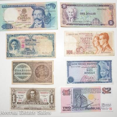 8 - BANK NOTE MIX:  PORTUGAL - JAMAICA - BOLIVIA - SINGAPORE - MALAYSIA - MORE!