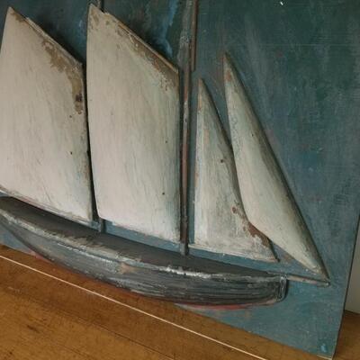 Vintage folk art wooden wall sculpture a sailboats