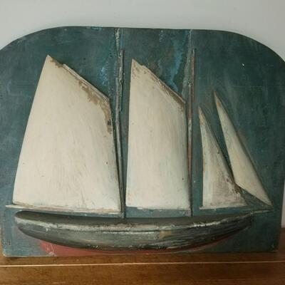 Vintage folk art wooden wall sculpture a sailboats