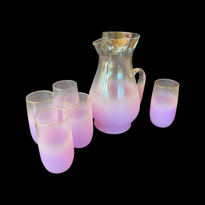 BLENDO ~ MCM Glass Frosted Purple Pitcher & 5 Glasses *See Details