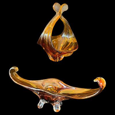 Pair (2) ~ Vintage Amber Glass Vases