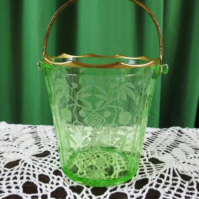 Cambridge uranium glass ice bucket and candle stick holders