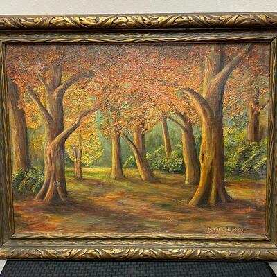Vintage Oil on Canvas Autumn Forest Painting by Dexter L Brown