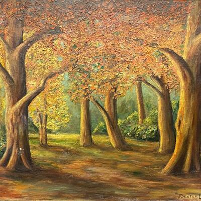 Vintage Oil on Canvas Autumn Forest Painting by Dexter L Brown