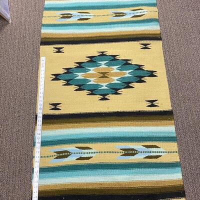 Vintage Native American Southwestern Teal Turquoise and Beige Woven Saddle Blanket