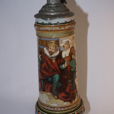 METTLACH STEIN 2.2 Liter  SIGNED H. SCHLITT GAMBRINKUS PEWTER LID W/ KNOME