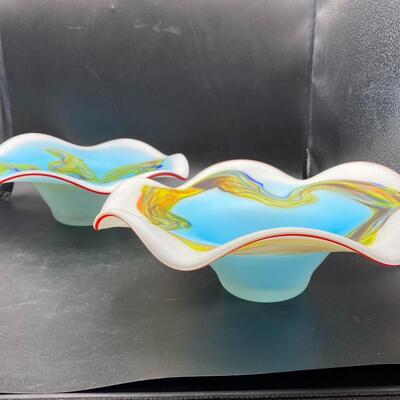 Pair of Ruffled Art Glass Console Bowls