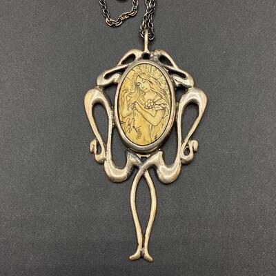 Sterling Silver Art Nouveau Etched Pendant Necklace