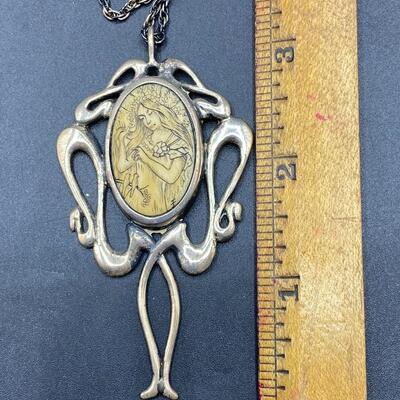 Sterling Silver Art Nouveau Etched Pendant Necklace