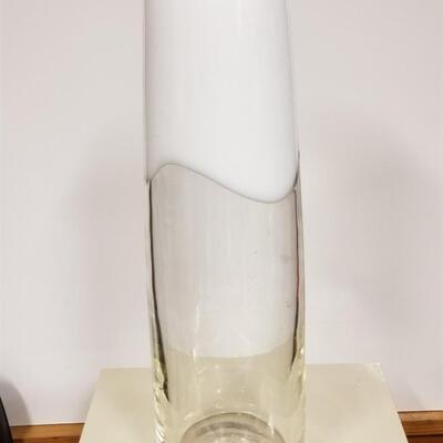 Tall art glass vase from early 80s with clear glass add white drip-tyle element