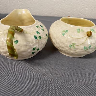 Belleek Ireland Shamrock Basket Weave Sugar & Creamer