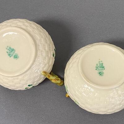 Belleek Ireland Shamrock Basket Weave Sugar & Creamer