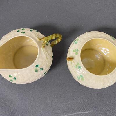 Belleek Ireland Shamrock Basket Weave Sugar & Creamer