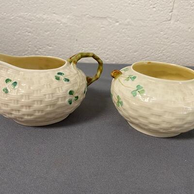 Belleek Ireland Shamrock Basket Weave Sugar & Creamer