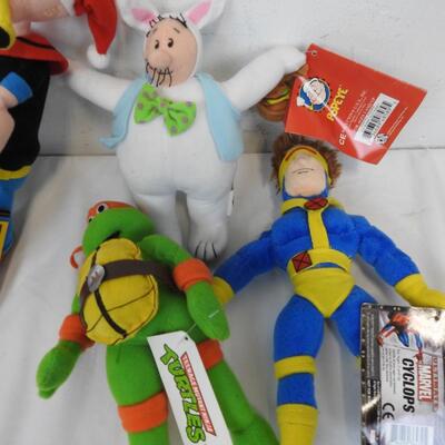 6 Stuffed Animals and Characters: 2 Popeye Dolls, Ninja Turtles, Cyclops